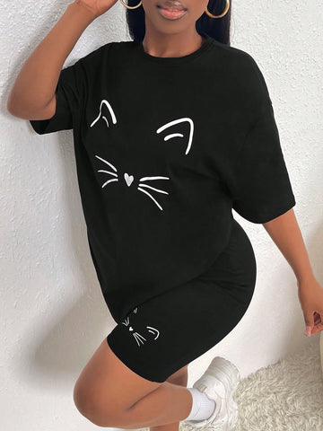 Cartoon Graphic Drop Shoulder Tee & Biker Shorts