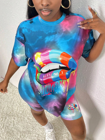 Lip Print Tie Dye Drop Shoulder Tee & Biker Shorts
