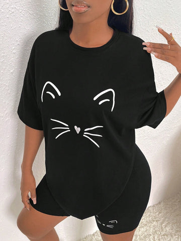 Cartoon Graphic Drop Shoulder Tee & Biker Shorts
