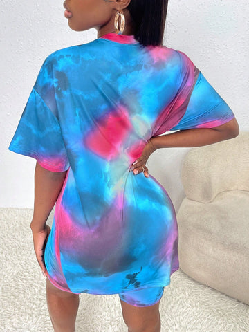 Lip Print Tie Dye Drop Shoulder Tee & Biker Shorts