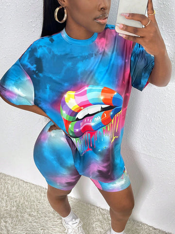 Lip Print Tie Dye Drop Shoulder Tee & Biker Shorts