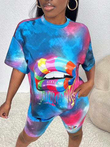 Lip Print Tie Dye Drop Shoulder Tee & Biker Shorts