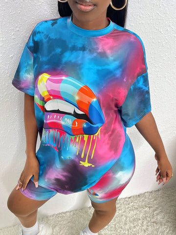 Lip Print Tie Dye Drop Shoulder Tee & Biker Shorts
