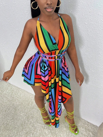 Striped Print Belted Backless Dress