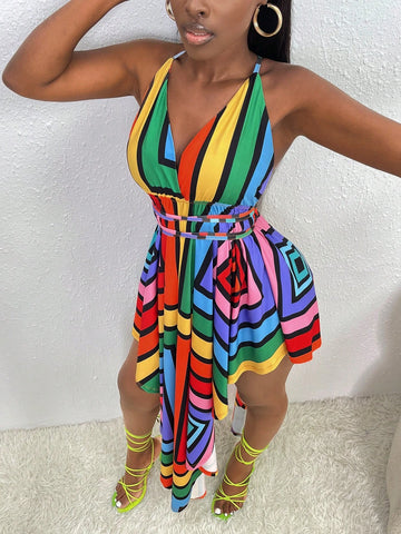Striped Print Belted Backless Dress