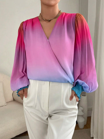Ombre Print Lantern Sleeve Surplice Neck Blouse