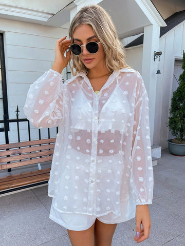 Swiss Dot Drop Shoulder Shirt & Shorts Without Bra
