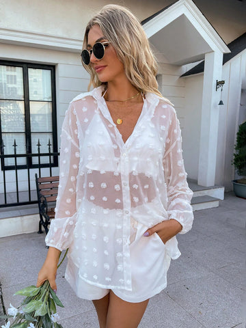 Swiss Dot Drop Shoulder Shirt & Shorts Without Bra