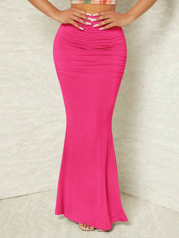 SXY Solid Ruched Mermaid Hem Maxi Skirt
