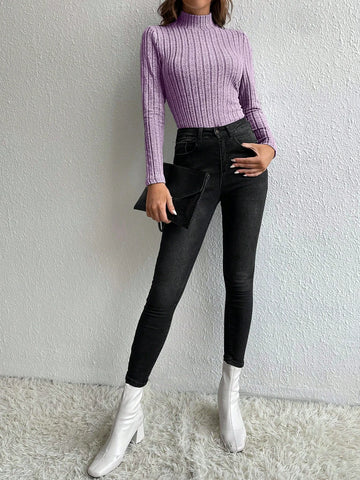 Mock Neck Ribbed Knit Tee