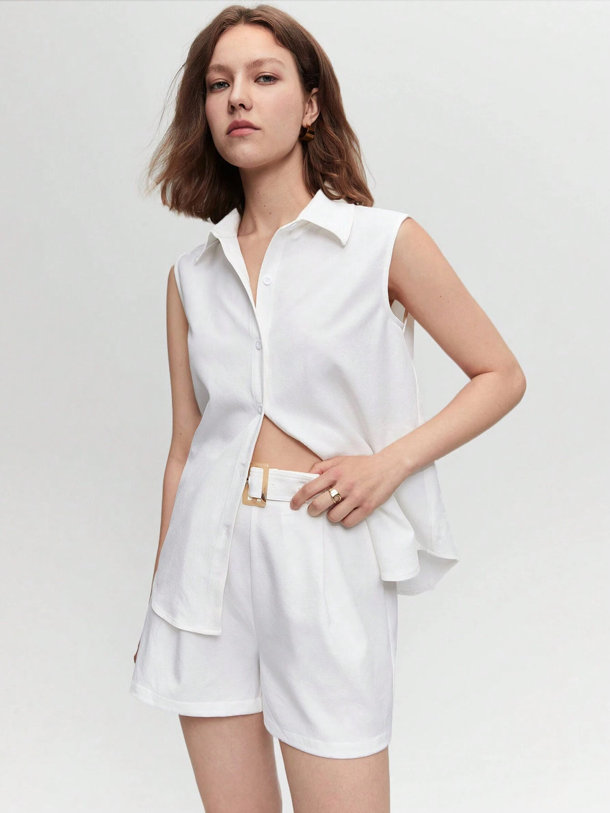 Solid Button Front Shirt & Belted Shorts