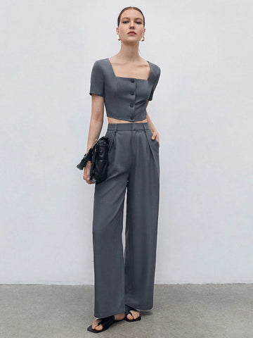 Square Neck Button Front Crop Top & Slant Pocket Pants Workwear