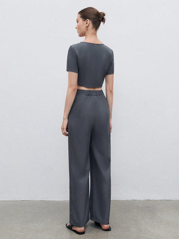 Square Neck Button Front Crop Top & Slant Pocket Pants Workwear