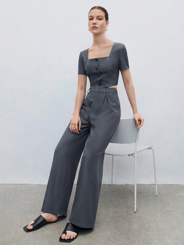 Square Neck Button Front Crop Top & Slant Pocket Pants Workwear