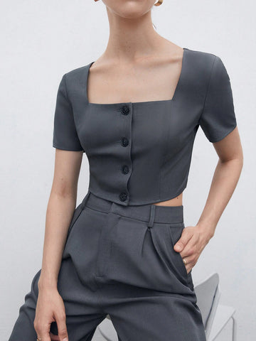 Square Neck Button Front Crop Top & Slant Pocket Pants Workwear