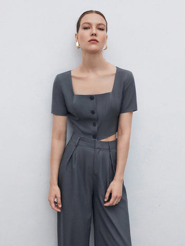 Square Neck Button Front Crop Top & Slant Pocket Pants Workwear