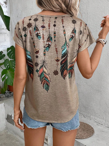 Feather Print Batwing Sleeve Tee