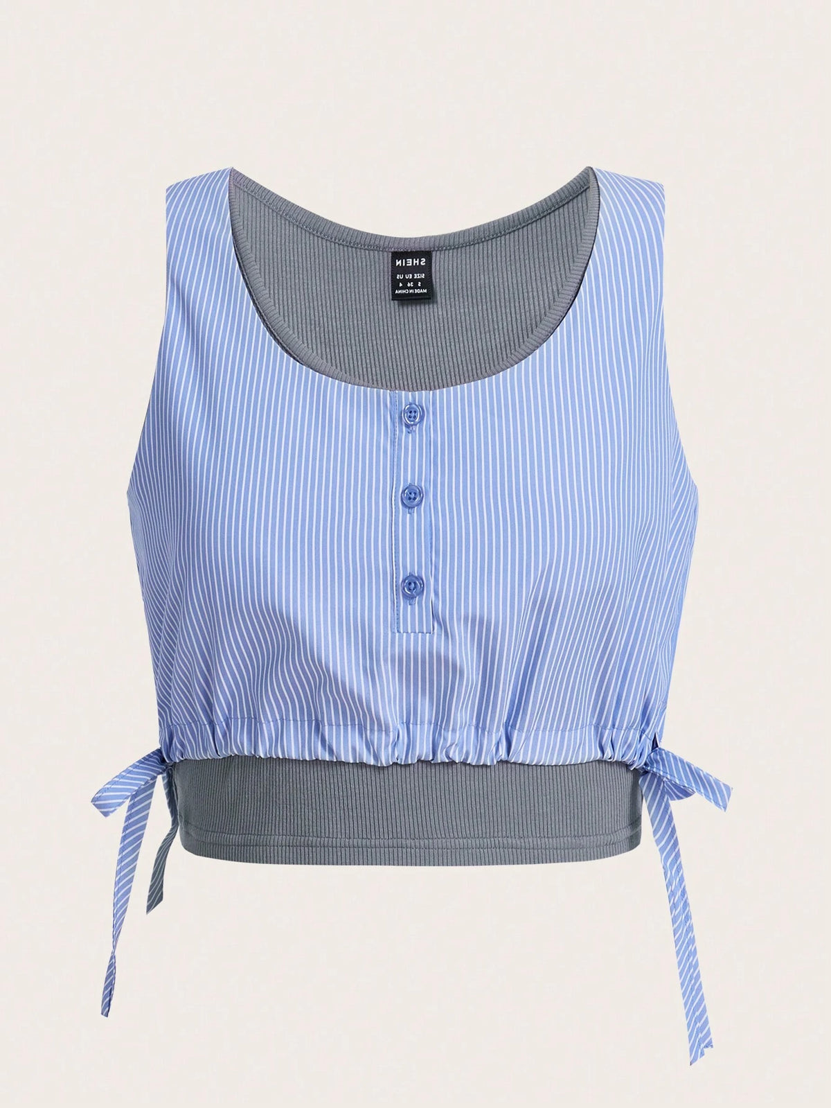 Striped Print Button Front Drawstring Side Crop Top