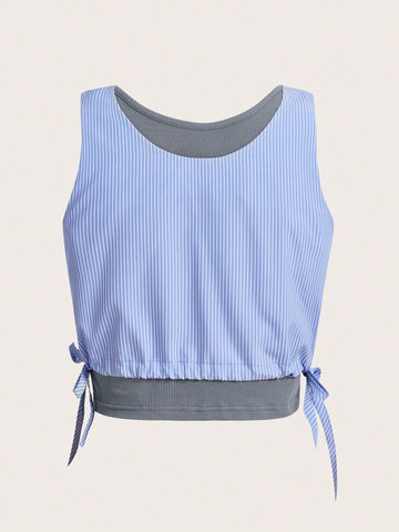 Striped Print Button Front Drawstring Side Crop Top