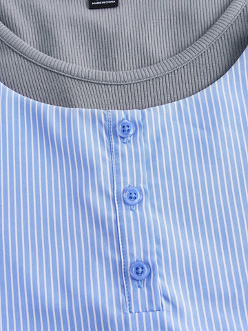 Striped Print Button Front Drawstring Side Crop Top