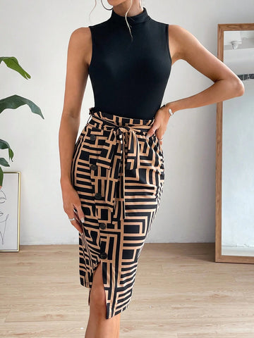 Mock Neck Tank Top & Geo Print Belted Skirt