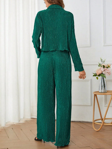 Solid Button Front Shirt & Wide Leg Pants