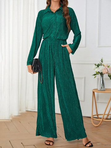 Solid Button Front Shirt & Wide Leg Pants