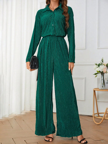 Solid Button Front Shirt & Wide Leg Pants