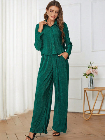 Solid Button Front Shirt & Wide Leg Pants