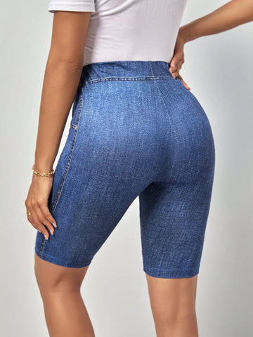 Denim-Effect Print Biker Shorts