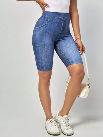 Denim-Effect Print Biker Shorts