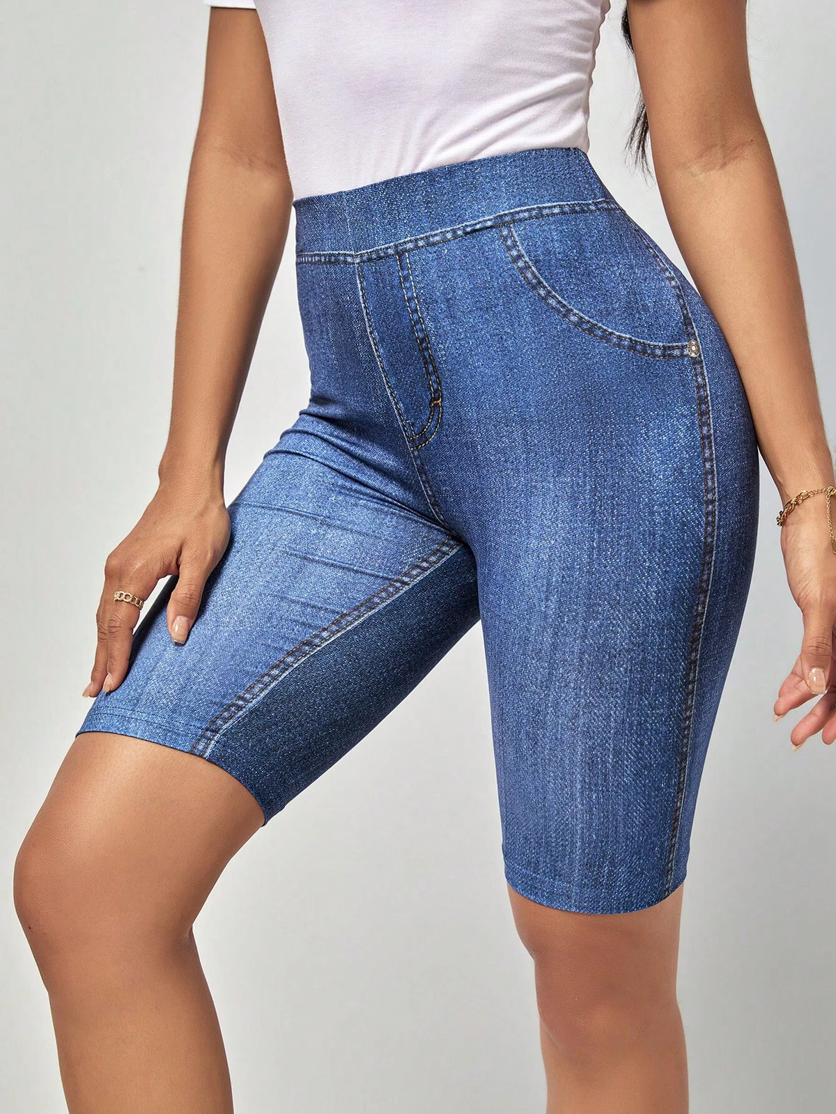 Denim-Effect Print Biker Shorts