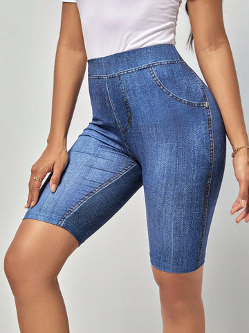 Denim-Effect Print Biker Shorts