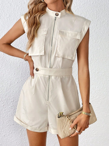Flap Pocket Zip Up Belted Romper