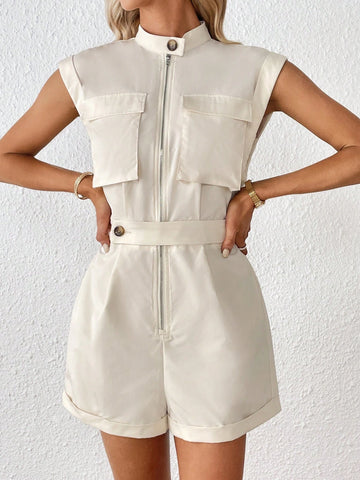 Flap Pocket Zip Up Belted Romper