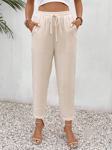 VCAY Solid Knot Waist Slant Pocket Pants