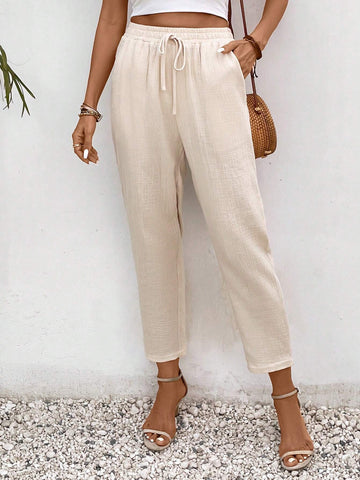 VCAY Solid Knot Waist Slant Pocket Pants