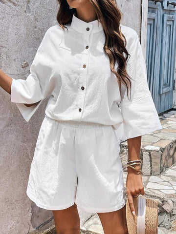 Solid Button Front Blouse & Shorts