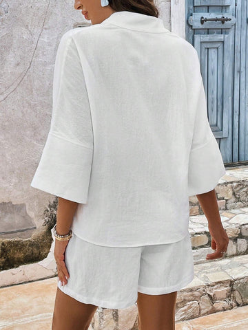 Solid Button Front Blouse & Shorts