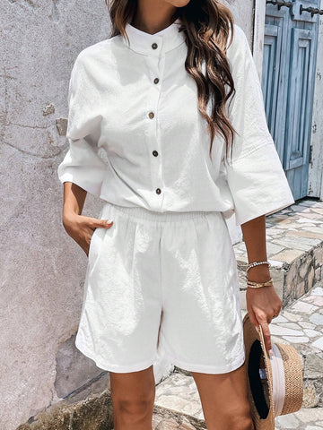 Solid Button Front Blouse & Shorts