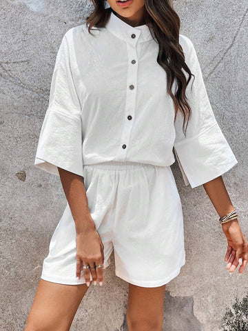 Solid Button Front Blouse & Shorts