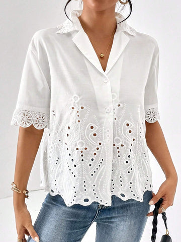 Eyelet Embroidery Lapel Collar Shirt