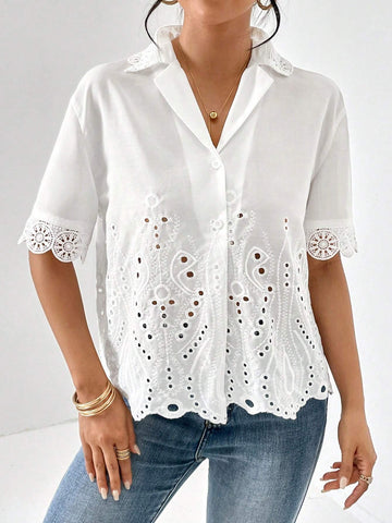 Eyelet Embroidery Lapel Collar Shirt