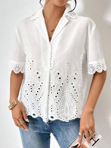 Eyelet Embroidery Lapel Collar Shirt