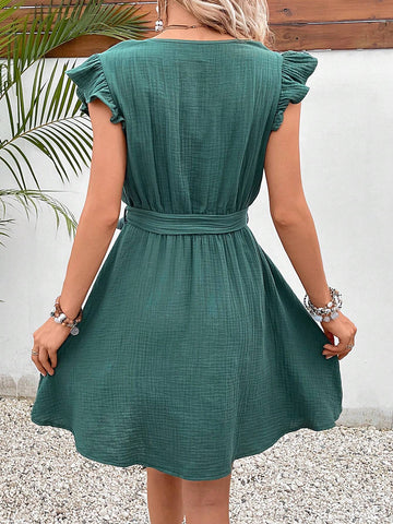 Ruffle Trim Belted Dress