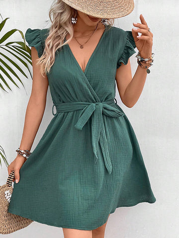 Ruffle Trim Belted Dress
