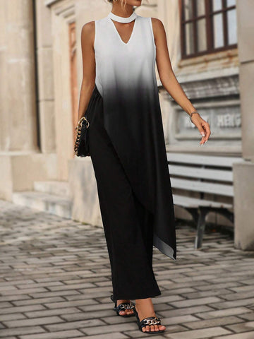 Ombre Keyhole Neckline Asymmetrical Hem Blouse & Pants