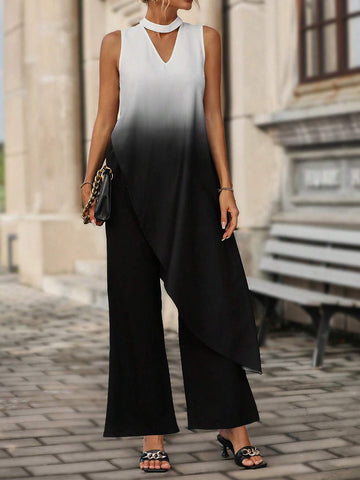 Ombre Keyhole Neckline Asymmetrical Hem Blouse & Pants