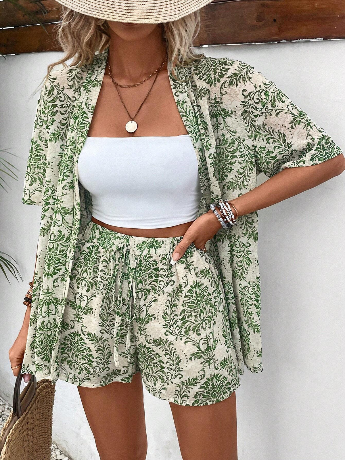 Allover Print Kimono & Shorts Without Tube Top