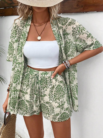 Allover Print Kimono & Shorts Without Tube Top